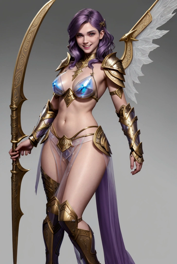 (masterpiece, top quality, best quality, official art, beautiful and aesthetic:1.2), (1girl:1.3), extremely long curly golden hair, extremely detailed, portrait, looking at viewer, solo, (full body:0.6), detailed background, close up, (cool science fiction space theme:1.1), extremely busty valkyrie, charlatan, mysterious, shooting lasers in space, cybernetic angel, huge feathered wings, chrome boob armor, dark purple streamers and skirts and sleeves and knee wrappings, cybernetic implants, mechanical hand, laser cannon, arm cannon, revealing chrome armor, bare midriff, glowing laser energy, halo, intricate armor, ornate chrome armor, sheer white fabric, elegant purple fabric, skirts, streamers, cowl, boots, bracers, ((((gigantic breasts)))), slim waist, slim hips, long legs, athletic, SPACE, futuristic moon, (space exterior:1.1) background, dark mysterious lighting, shadows, magical atmosphere, dutch angle