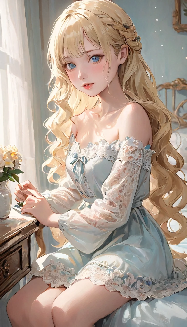 Cinema Lighting, so beautiful、Small face、Realistic professional photos of young people, Skinny white girl, (()), She has the face of a beautiful girl, Very detailed_pupil、Beautiful Eyes、Work as a maid, Lace front、She is wearing an elaborate off-the-shoulder short white dress..., (Long blonde wavy hair:1.5), Slim and feminine body, Appetizing appearance, Tight waist, barefoot, Velvety Skin, Shy and anxious, In a romantic bedroom, Sit on the edge of the bed,Showing off her panties、mini skirt、Not wearing a bra、The dust sparkles、Blushing、Open-chested maid outfit、See-through clothing