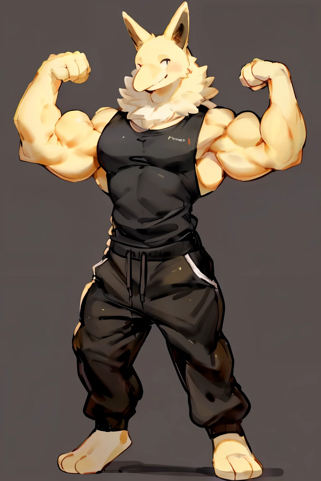 Furry, Anthro, solo, Hypno, Male, (((muscular body, massive male pectorals, yellow skin, fluffy neck, wearing white fur around neck, facing viewer))), ((((massive biceps, wide-eyed, head tilted,)))), ((((((massive bulky torso, head tilted, happy, smile, wearing black full male tanktop, wearing black sweatpants, barefoot, standing slanted, flexing one arm up)))))), full body, (black/yellow spraypainted background), by buta99, by zackary911, by bebebebebe, (((digital painting)))