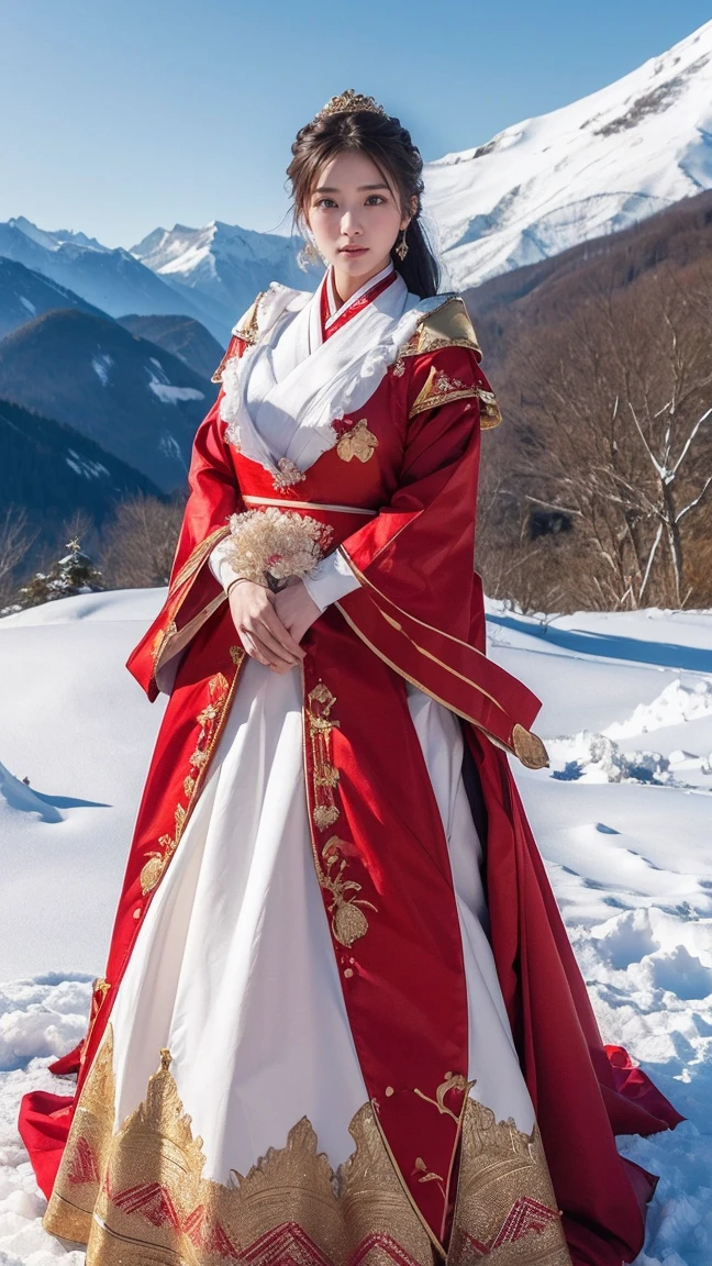 ((Highest quality、8k、masterpiece:1.3))、Realistic, Sharp focus, High resolution, High resolution, Portraiture, alone, Full body photography、Japanese, Beautiful woman,Big Breasts、red royal dress,standing,Gold Edge、Snowy mountain top