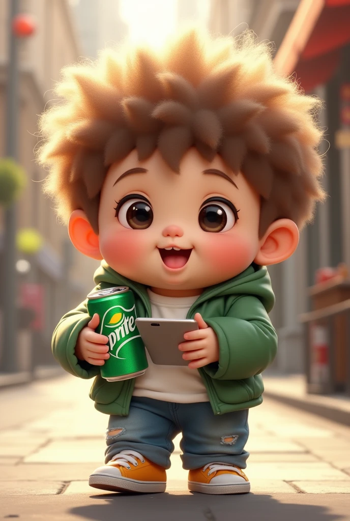 yellow clothing, white pantie, Happy look, bald-headed，No hair，cartoon image，younge boy，Child image，Moe baby image，A cup of milk tea with a straw in his hand, Laughed happily, Downtown background, long eyelasher, Colored Contact Lenses, eyes reflection, Black colored eyes, smiley, verbal invitation, Blind box toy style, Cinematic lighting, Ray tracing, Chiaroscuro, shadowing, Ray tracing, Depth of field,  Bokeh, Caustics, f/1.2, 85mm, kanon, hyper HD, ccurate, High details, High quality, 8K