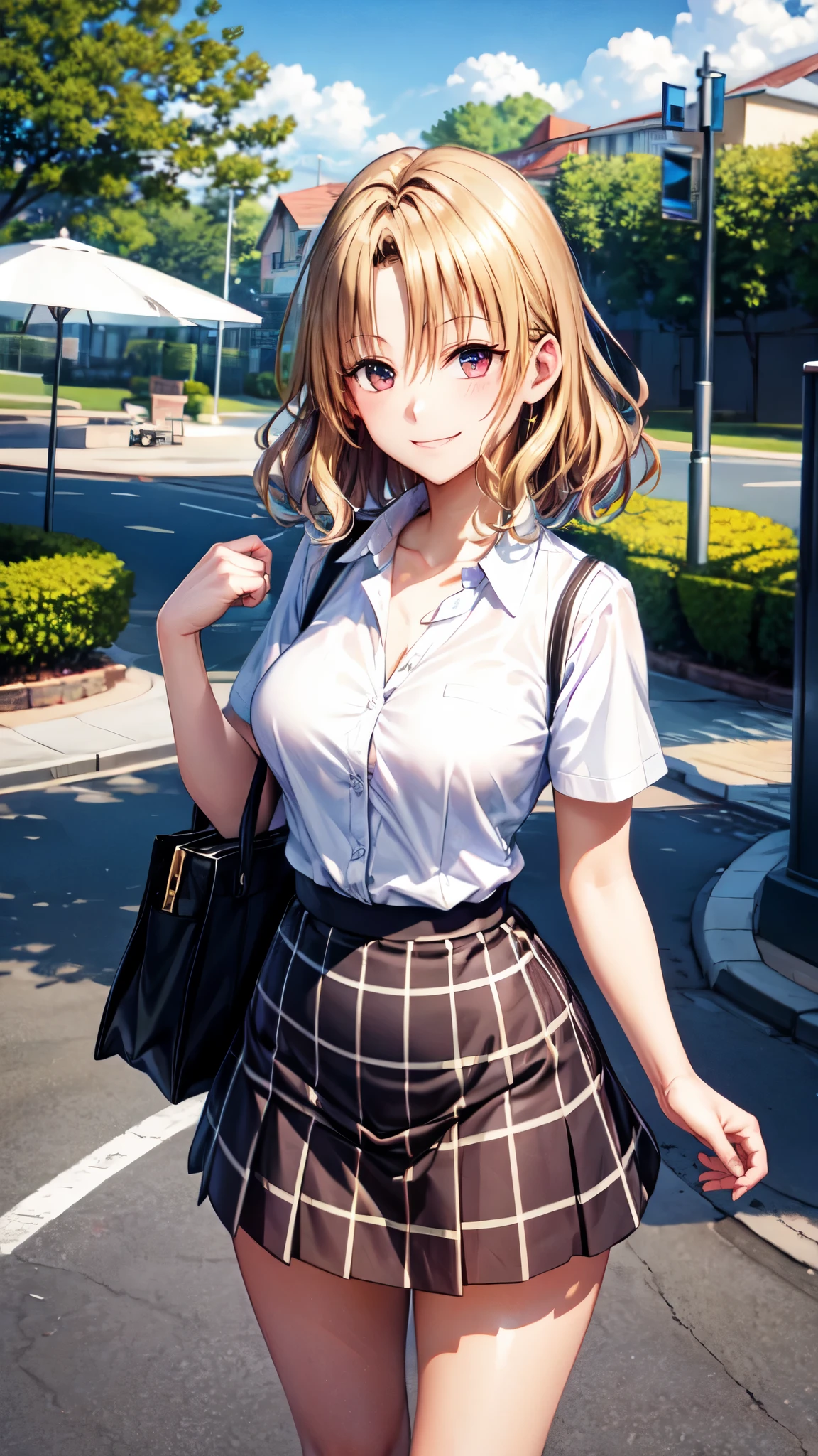 （（super high quality,））（（Ultra-high resolution,））（16K,）（super masterpiece,）（（Ultra HD ,））（Detailed shading,）（（Full Color,））One high school girl,Short wavy orange hair,Open-collar white dress shirt,Unbutton up to the third button,（Cream colored sweater vest:1.6,）Short sleeve,Green plaid mini skirt,White loose socks,smile,Park in the morning sun,