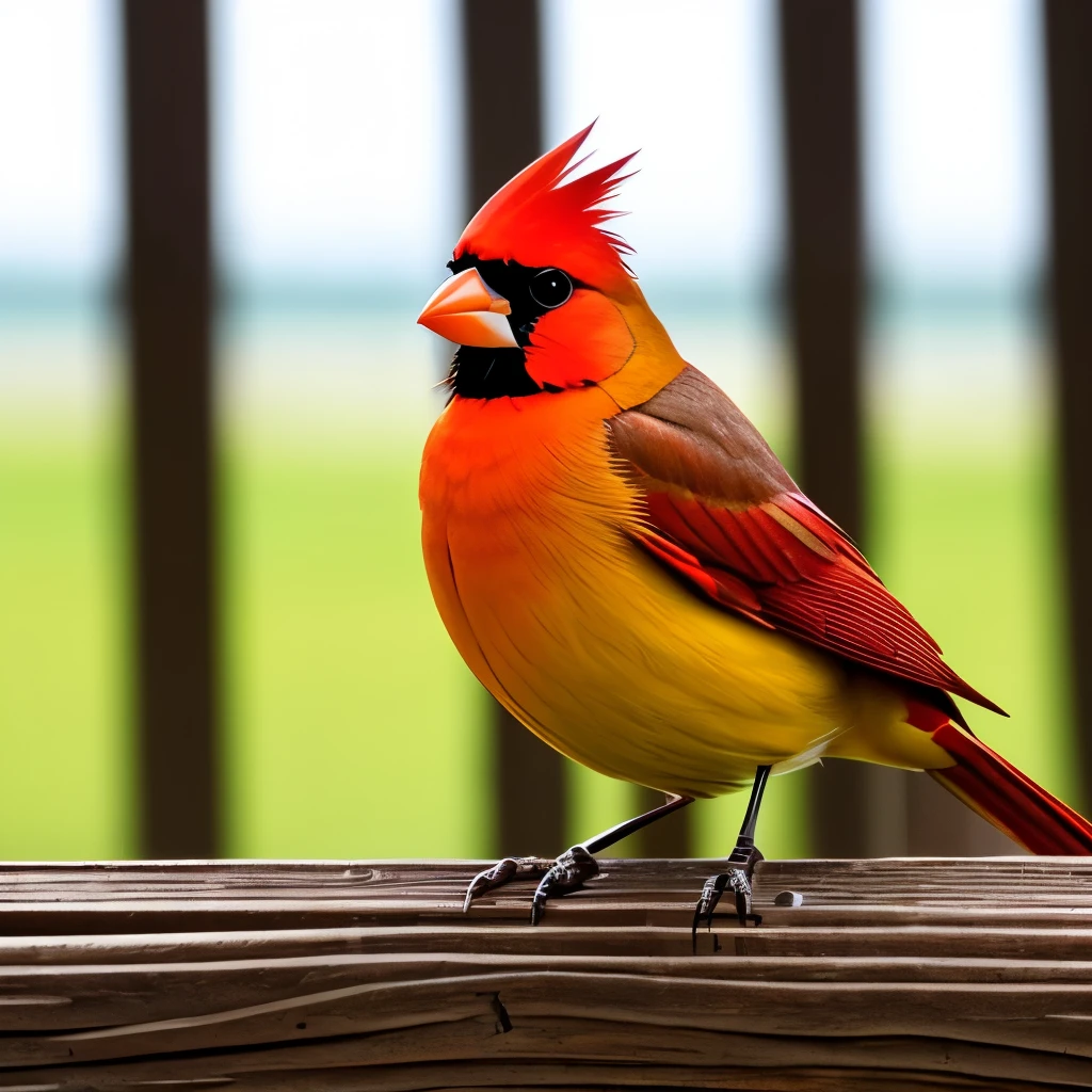 vibrant yellow cardinal, standing on a weathered wooden fence, facing left, sharp beak, prominent black mask around the eyes, tufted crest, grey-brown wings and tail, natural outdoor setting, blurred background with soft green and brown hues, diffused natural light, calm and serene atmosphere, detailed plumage texture, side view close-up photography, sharp focus on the bird, soft depth of field, no motion blur.