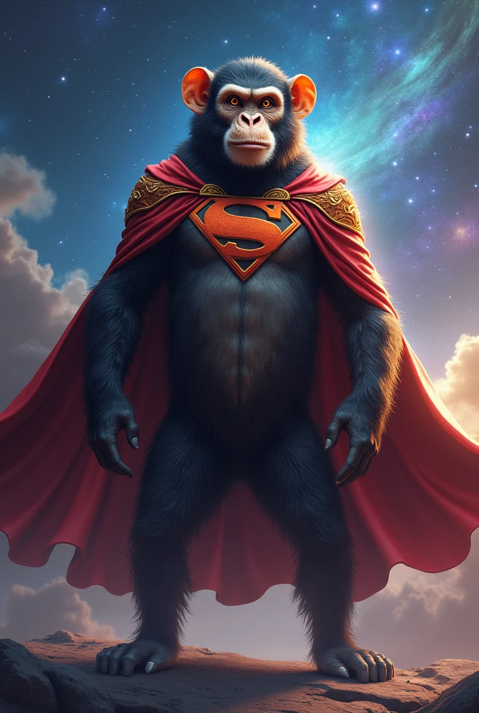 monkey mask, marvel style, full body, flying power, night sky, city below, masterpiece, ultra high detail, ultra high quality