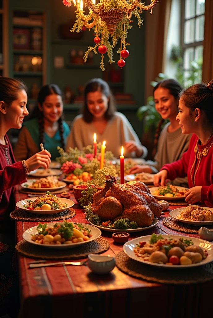 people giving thanks in front of symbols of wealth, like a full table.