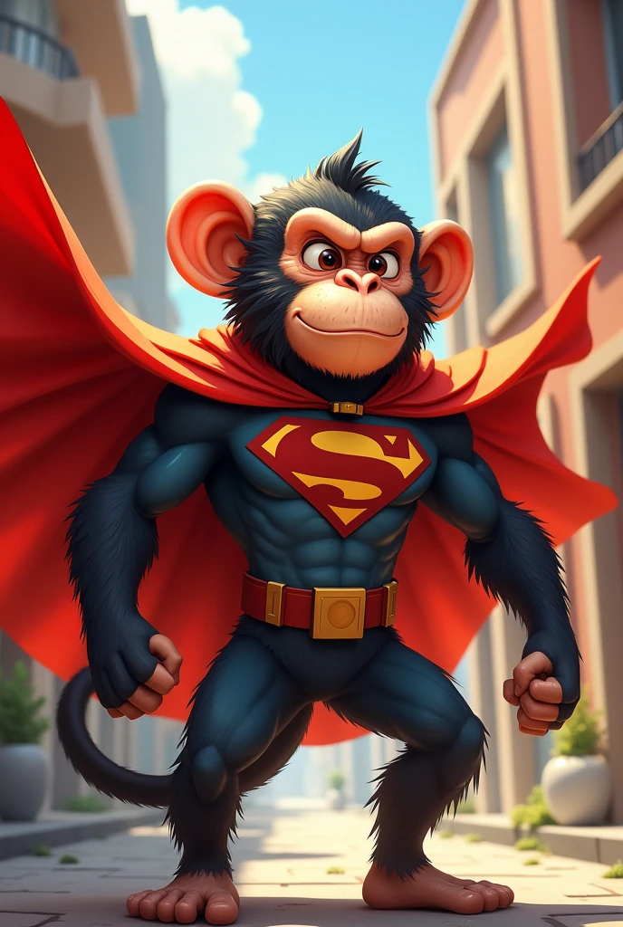 (Chimpanzee wearing a cape flying over a park), perfeito, Superhero cartoon style, detalhado, inspirador, legal