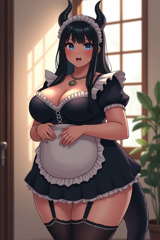 Extremely busty thin and toned brunette maid, playful, mischievous, laughing, fair skin, big hair, soft face, athletic, wearing sexy black French maid costume, black gloves, white lace, ribbons, bows, makeup. Standing, chateau, parlor, windows, potted plants. gigantic breasts, cleavage.