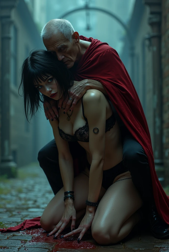 Beautiful undead gothic vampire girl with short dark hair and blue eyes, red cape Big and big butts, musculada fitness,super huge , Waders, BBW ,very high, She carries her 60-year-old human master on her back, She carries him on her back while giving orders to the vampire and some gangsters shoot many bullets at her, making many bullet holes in the vampire and the crushed bullets fall to the ground..