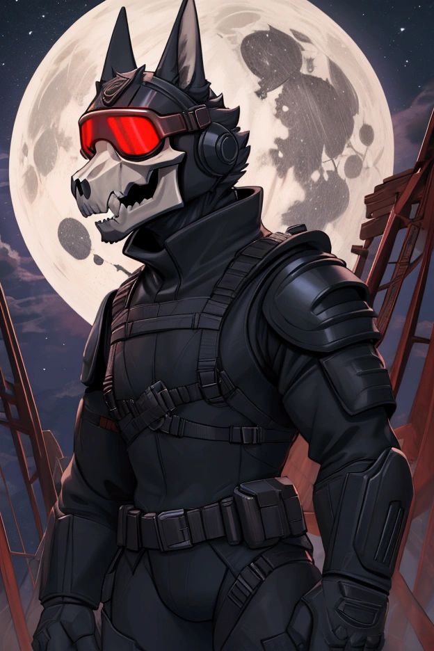 One third of the screen is against the full moon　Wearing modern black full body armor over a black bodysuit　Wearing a helmet resembling a white skull without a lower jaw, equipped with glowing red goggles