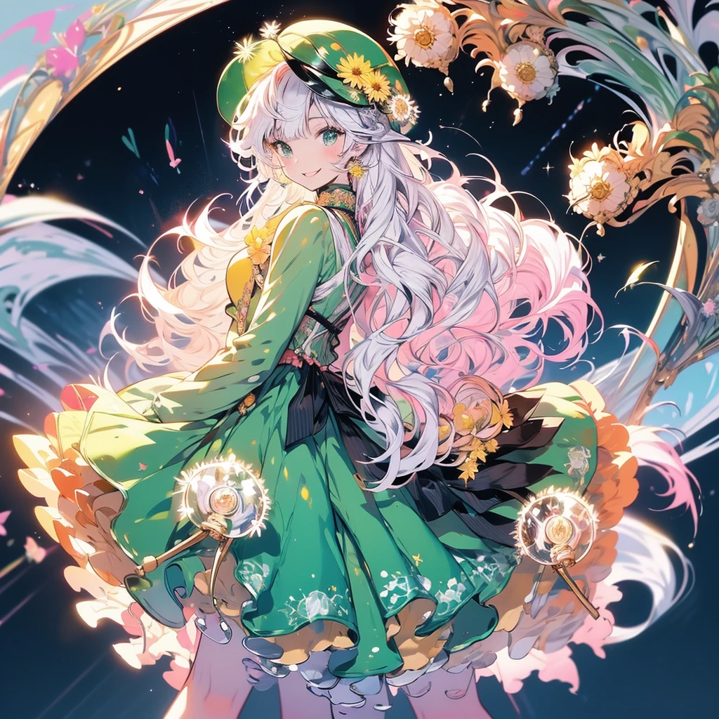 Masterpiece、smile、Anime Girls, White Hair、 Green Eyes、Cute Anime Girls、smile、((Yellow dandelion))、fractal art、Gwaiz、garden、Flower garden