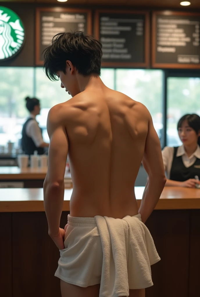 Realistic、beautiful、A large group of young Japanese men、Completely naked、Full nudity、Inside McDonald&#39;s、Back view、Butt Exposed