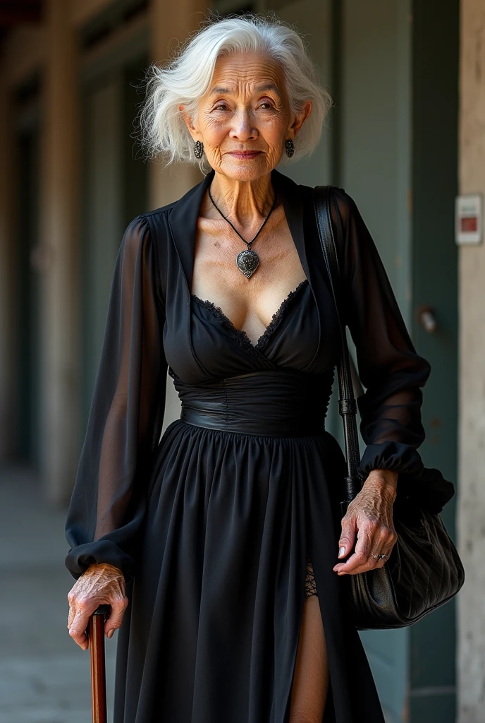 A confident older woman 70yo with gigantic saggy breast walks down a city street wearing a vibrant (green chiffon dress with a deep neckline). (Gigantic saggy breast:1.4), She has stylish, wavy silver hair and bold red lipstick, complemented by a chunky green bead necklace.