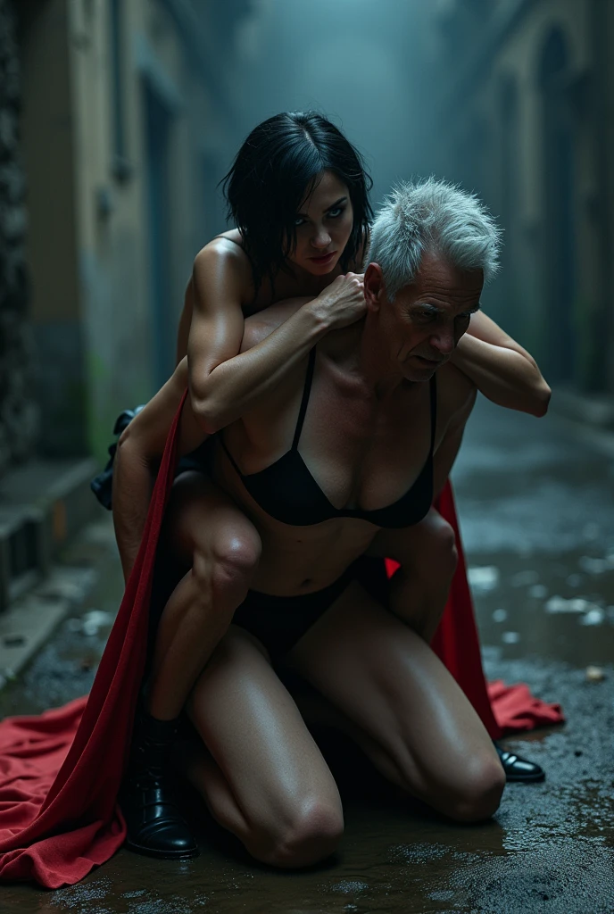 bellísima vampira fitness dark short haircut en bragas y stockings y bra carga lift carry sobre su espalda piggyback a su maestro humano de 60 años