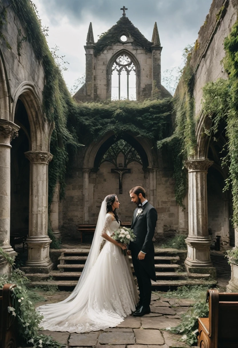 Generate an atmospheric image of a Gothic wedding set in the ruins of a cathedral. The bride wears a black lace gown, her veil flowing in the wind as she stands before a crumbling altar. The groom is dressed in dark, formal attire, and the guests are seated on wooden benches among the overgrown ruins. Above them, the open roof reveals a cloudy sky, and ivy creeps up the stone walls, creating a beautiful yet melancholic atmosphere