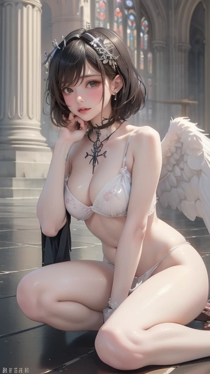 (((Masterpiece))), (high quality), one beautiful Japanese girl, 21 years old, (shy blushing, troubled expression:1.2),(drowsy, languid eyes:1.4), (big light black downturned eyes:1.4), (pale skin), (big breasts:1.4), (bangs:1.2),(dark brown wavy bob cut:1.4),(maid headdress,nude,black sheer decorated bra,black lace pantie,angel wings:1.4),(sitting on an antique sofa,spread legs,both hands are bound:1.4)