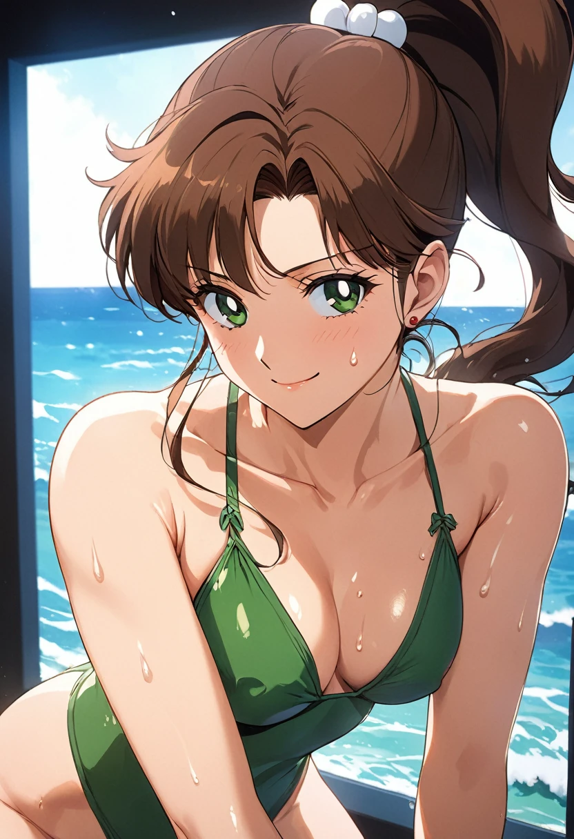 masterpiece, Highest quality, High resolution, (Makoto Kino),30 years old, adult lady, (tall:1.2), fashion model body shape, 1990s \(style\),height: 175cm, Small face,Green swimsuit、green thong swimsuit,(E-cup beautiful breasts)、、Sweating all over the body、Beautiful big 、Muscular、sexy、Sweaty、Configuration from the front、smile、Anime-style painting style,Brown Hair、ponytail、Seductive pose,Composition focusing on the upper body,Cinema Lighting,Super Fine,Best aesthetics,The background is the sea,Beautiful background