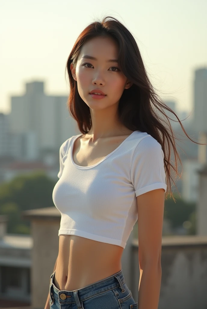 8K,masterpiece,Japanese,14-year-old girl,from the front,smile,cute,Innocent face,Innocent,Kind eyes,Childish,Plain T-shirt,Short sleeve,Shorts,semi-long,Hair blowing in the wind,Black Hair,Somewhat strong wind,noon,bright,M-shaped feet, (Large Breasts:1.2),(Emphasize the chest)