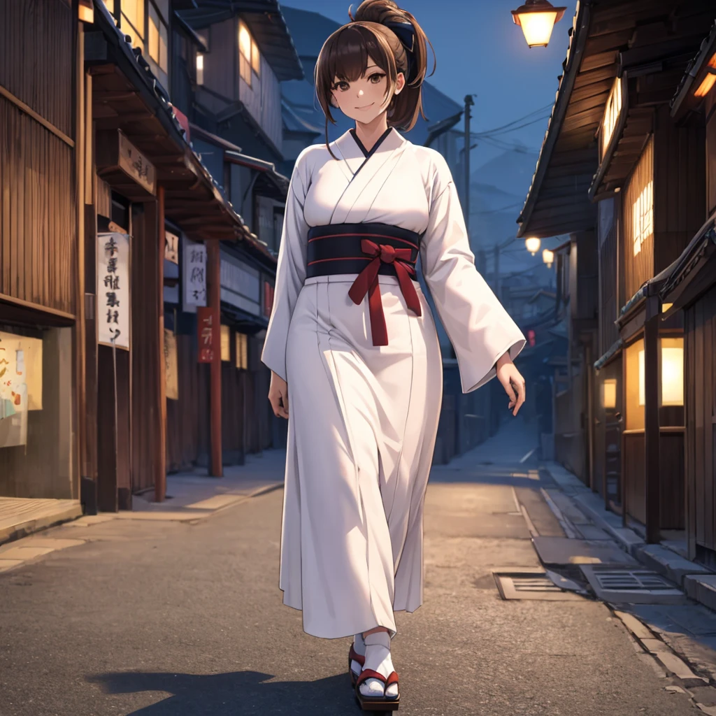 A woman wearing a long-sleeved Yukata, long skirt, white yukata with black details, wearing traditional Japanese shoes, long brown hair, brown eyes, ponytail hair, smiling, full body, walking on a concrete sidewalk, overlooking a Japanese city well below the place, at night, with traditional Japanese street lighting, a darkened place with lighting, shadow projected, atmospheric perspective, flourish, 8k, super detail, accurate, best quality, UHD, anatomically correct, textured skin, high quality, high resolution, best quality (solo woman)
