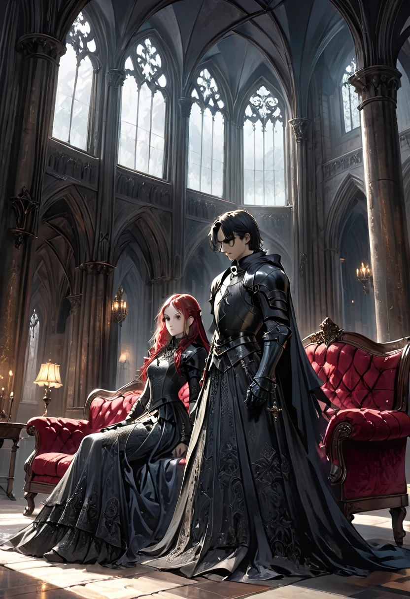 1girl and 1men,princess and knight,gothic-style scene featuring a knight in dark, ornate armor standing next to a woman seated on a luxurious red velvet sofa. The knight’s armor is detailed with intricate engravings, giving it a regal yet foreboding appearance. The woman is dressed in an elegant black Victorian gown, her expression serene and mysterious. The setting is a grand, dimly lit room with tall, arched windows casting soft light on the scene, and the gothic architecture adds to the dark, dramatic atmosphere. The knight stands protectively beside her, soul knight,evoking a sense of power and intensity, "goth girls" style