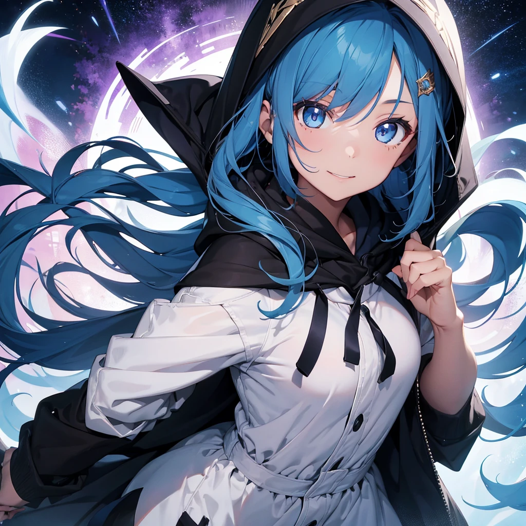 １８Year old girl、Mature、fortune teller、Blue hood and cloak、Black maid outfit and mini skirt、Cyber Neon Street、Looks like they're talking to you
