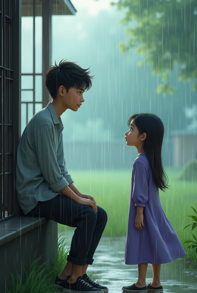 A young man is sitting on the edge of a small fountain in the park, his posture slumped and his hands clasped tightly. His eyes are downcast, filled with sadness, but beside him is a faint, ghostly image of a young, beautiful girl approaching him. In his imagination, she is walking toward him with a loving expression, as if ready to comfort him with her presence. The scene around them is calm, with soft sunlight streaming through the trees and reflecting off the water. The imagined girl appears 