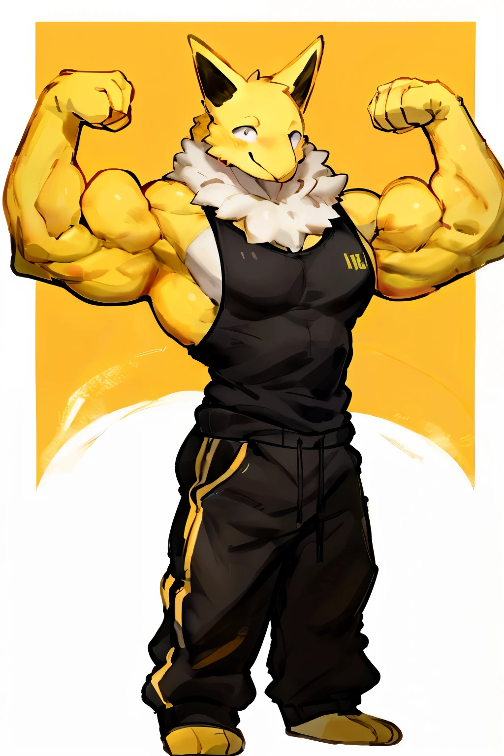 Furry, Anthro, solo, Hypno, Male, (((muscular body, massive male pectorals, yellow skin, fluffy neck, wearing white fur around neck, facing viewer))), ((((massive biceps, wide-eyed, head tilted)))), ((((((massive bulky torso, head tilted, happy, smile, wearing black full male tanktop, wearing black sweatpants, standing slanted, flexing arm up)))))), upper body, (black/yellow spraypainted background), by buta99, by zackary911, by bebebebebe, (((digital painting)))