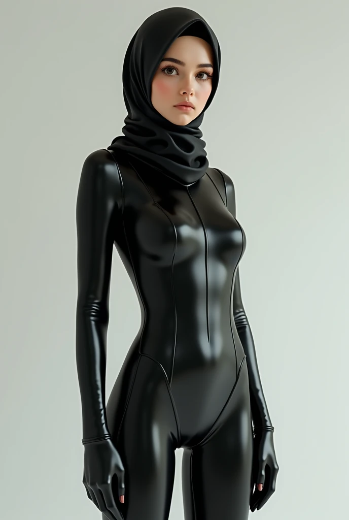 A girl wearing hijab . Innocent face. Long leg. Wearing full body black latex suit. High quality. High resolution