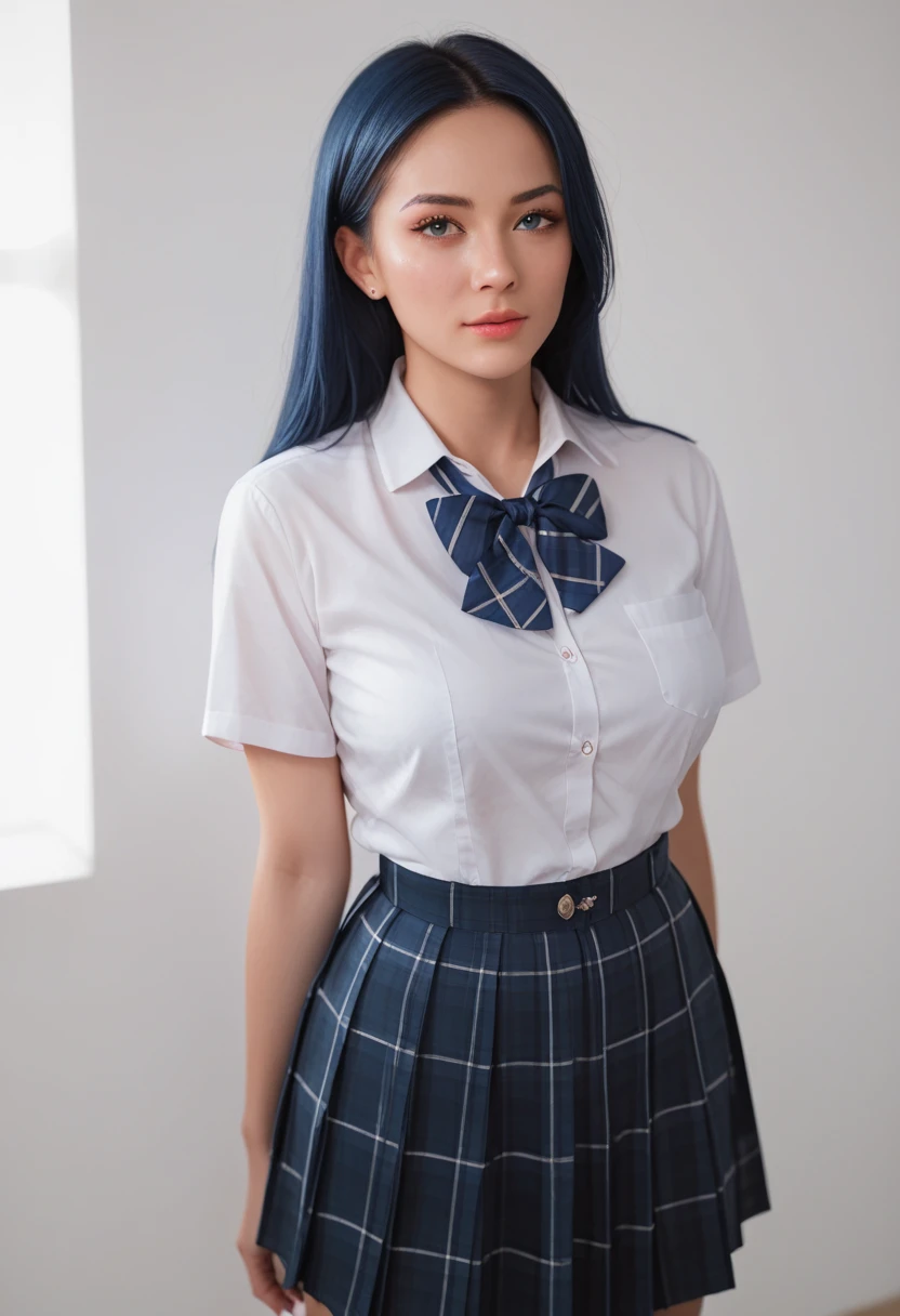 score_9,score_8_up,score_7_up, A stylish blue-haired woman,wearing school uniform, The lighting is soft, clothes details and her confident pose. capturing the fusion of beautyful school girl