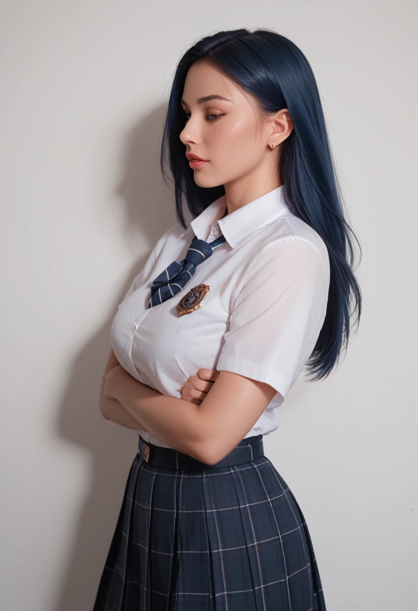 score_9,score_8_up,score_7_up, A stylish blue-haired woman,wearing school uniform, The lighting is soft, clothes details and her confident pose. capturing the fusion of beautyful school girl