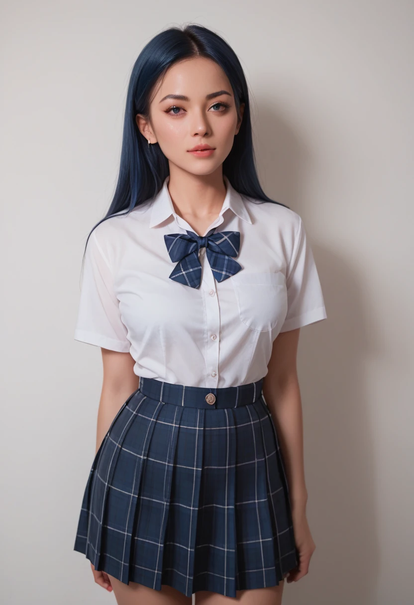 score_9,score_8_up,score_7_up, A stylish blue-haired woman,wearing school uniform, The lighting is soft, clothes details and her confident pose. capturing the fusion of beautyful school girl