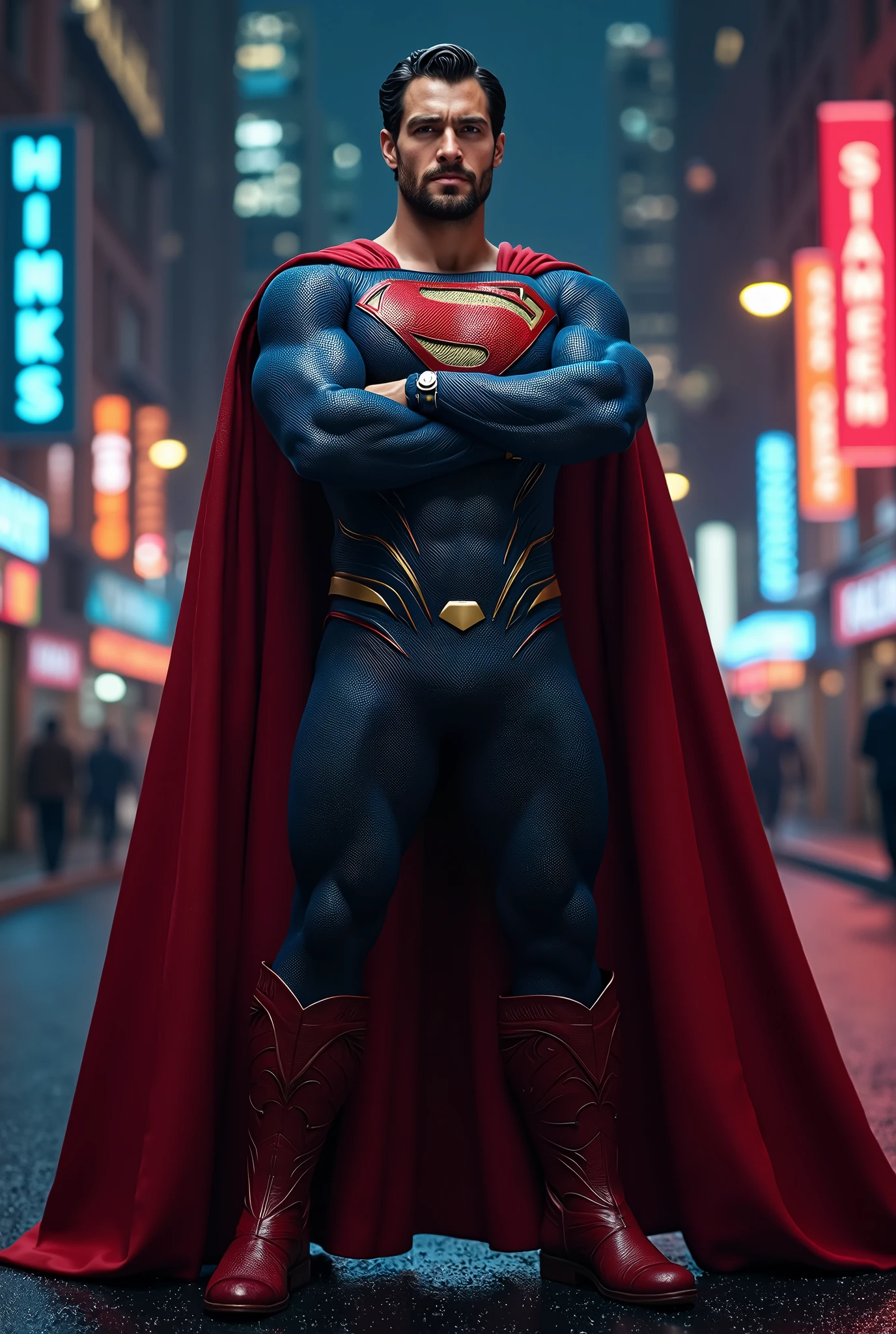 Realistic superman, full body, (old shabby:1.3) leather superman suit, beard, (muscular arms:1.2),fly, background of the cyberpunk city, snowfall, Fujifilm X-T4, 35 mm, cinematic lighting, ultra high detailed face and body