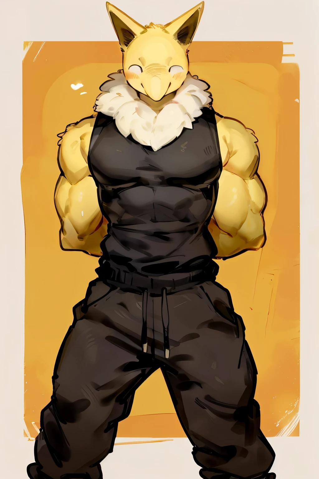 Furry, Anthro, solo, Hypno, Male, (((muscular body, massive male pectorals, yellow skin, fluffy neck, wearing white fur around neck, facing viewer))), ((((massive biceps, wide-eyed, head tilted)))), ((((((massive bulky torso, head tilted, happy, smile, wearing black full male tanktop, wearing black sweatpants, standing slanted, arms behind back)))))), upper body, (black/yellow spraypainted background), by buta99, by zackary911, by bebebebebe, (((digital painting)))