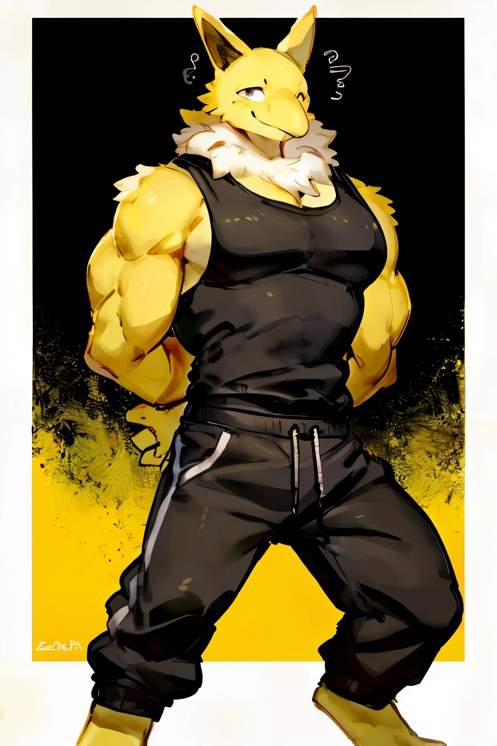 Furry, Anthro, solo, Hypno, Male, (((muscular body, massive thighs, massive male pectorals, yellow skin, fluffy neck, wearing white fur around neck, hand on head))), ((((massive biceps)))), ((((((massive bulky torso, wearing black tanktop, wearing black sweatpants, barefoot, wide-eyed, head tilted)))))), full body, black/yellow spraypainted background, by buta99, by zackary911, by bebebebebe, (((digital painting)))