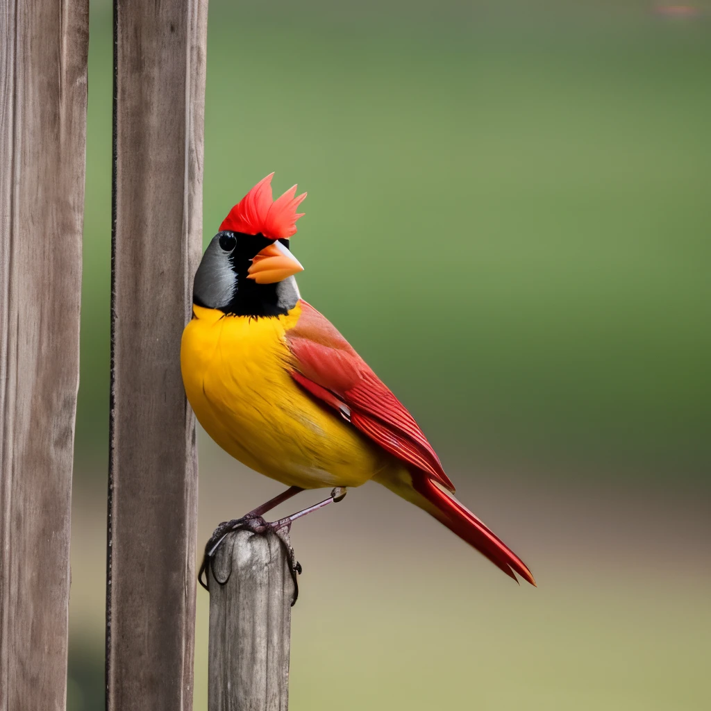 vibrant yellow cardinal, standing on a weathered wooden fence, facing left, sharp beak, prominent black mask around the eyes, tufted crest, grey-brown wings and tail, natural outdoor setting, blurred background with soft green and brown hues, diffused natural light, calm and serene atmosphere, detailed plumage texture, side view close-up photography, sharp focus on the bird, soft depth of field, no motion blur.