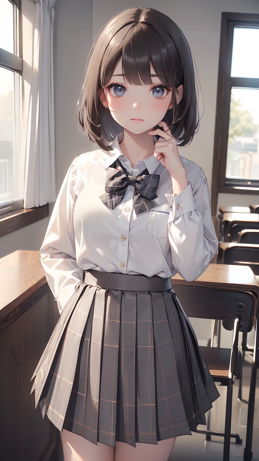 1 girl, Solo, Cute Girl, , Best Quality, Ultra-detailed, 8K, High resolution, Detailed face, dark brown hair, bob hair, (((tareme:1.5, downer))), (((school uniform, white collared shirt, bowtie, pleated skirt, gray skirt, plaid skirt, long skirt, white socks))),