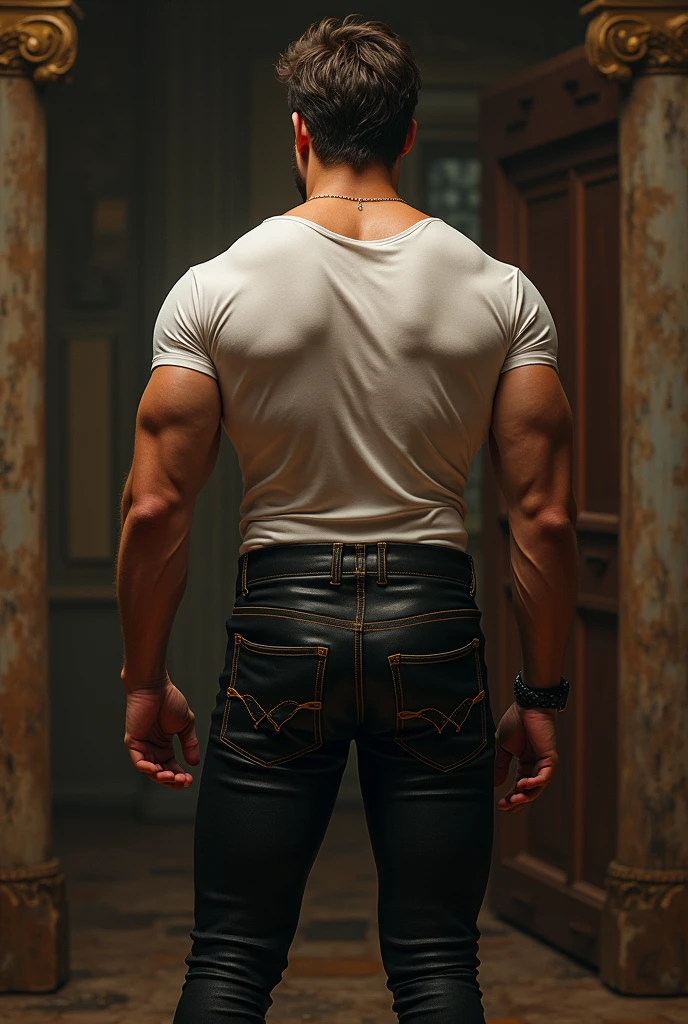 solo,black background,1 boy,arse,male accent,back to shoulder blades,black trousers,bare back,head out of frame,arse accent,trousers down, realistic