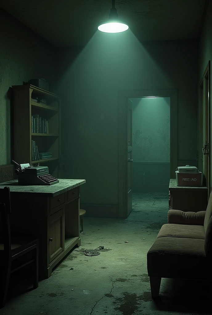 Scene: The Crime ScenePrompt:Illustrate a crime scene in a dark, abandoned building. The area should be dimly lit, with scattered debris and overturned furniture. Include subtle blood spatter on the walls and floor, and a blood-stained weapon or tool lying nearby. The lighting should be eerie, with shadows creating an unsettling atmosphere. The overall feeling should be one of desolation and dread.