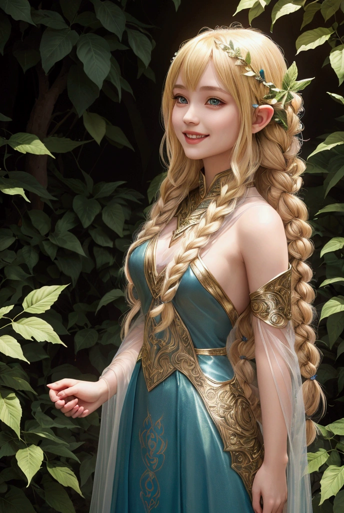 man, elf, large expressive eyes, almond-shaped green eyes, graceful facial features, Diadem, silk long blue robes, long golden hair, A wise look, smile, Lord of the Rings, God, Divine Beauty, Apollo