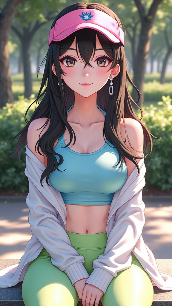 woman, cropped-fc, cleavage, sports bra, detailed face, colorful clothing, park, sky, trees