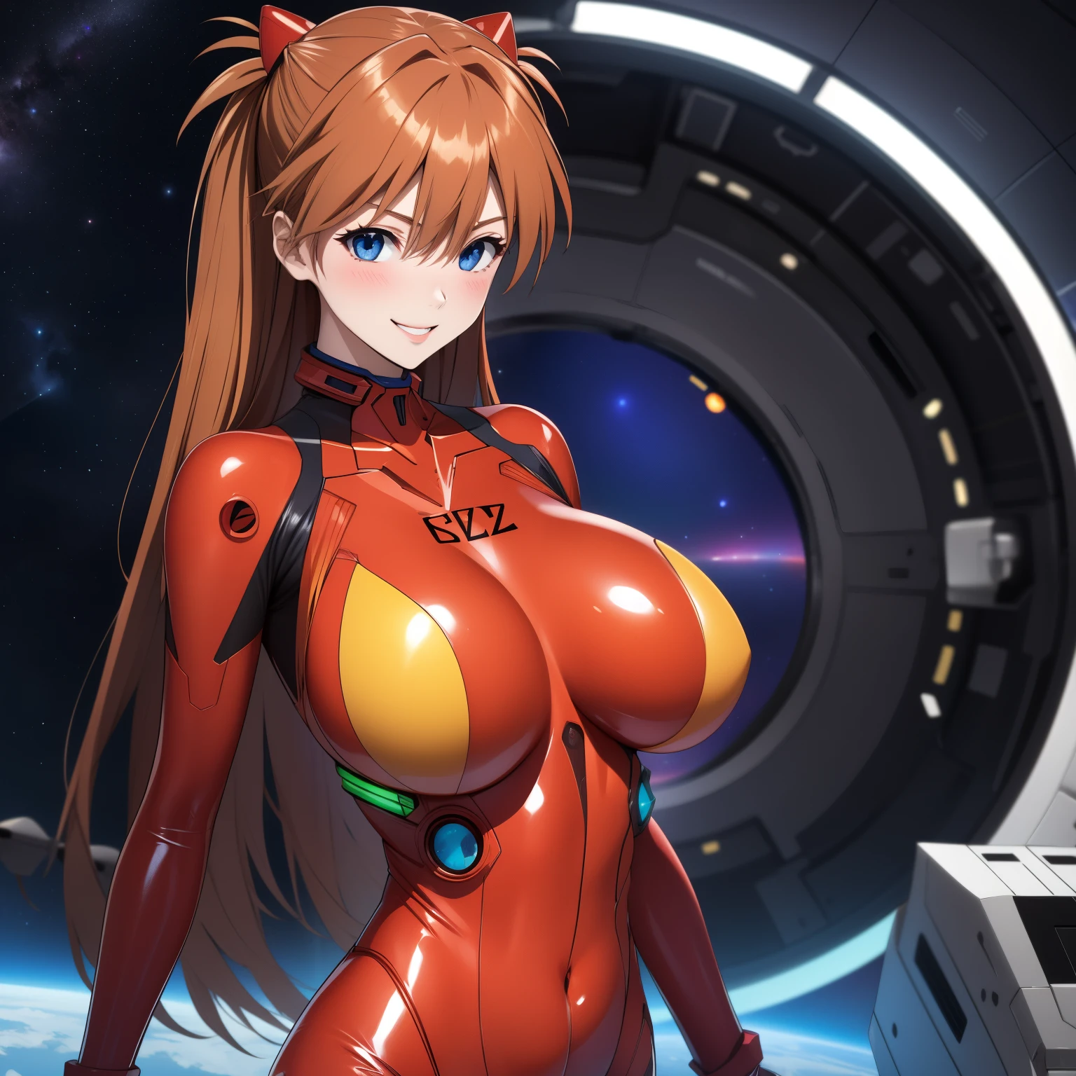 Asuka Langley Soryu female ,bright orange hair, blue eyes, happy smile, blush, big breasts, red eva pilot latex suit. background a futuristic space station. Whole body. gospel. big breasts copa e.