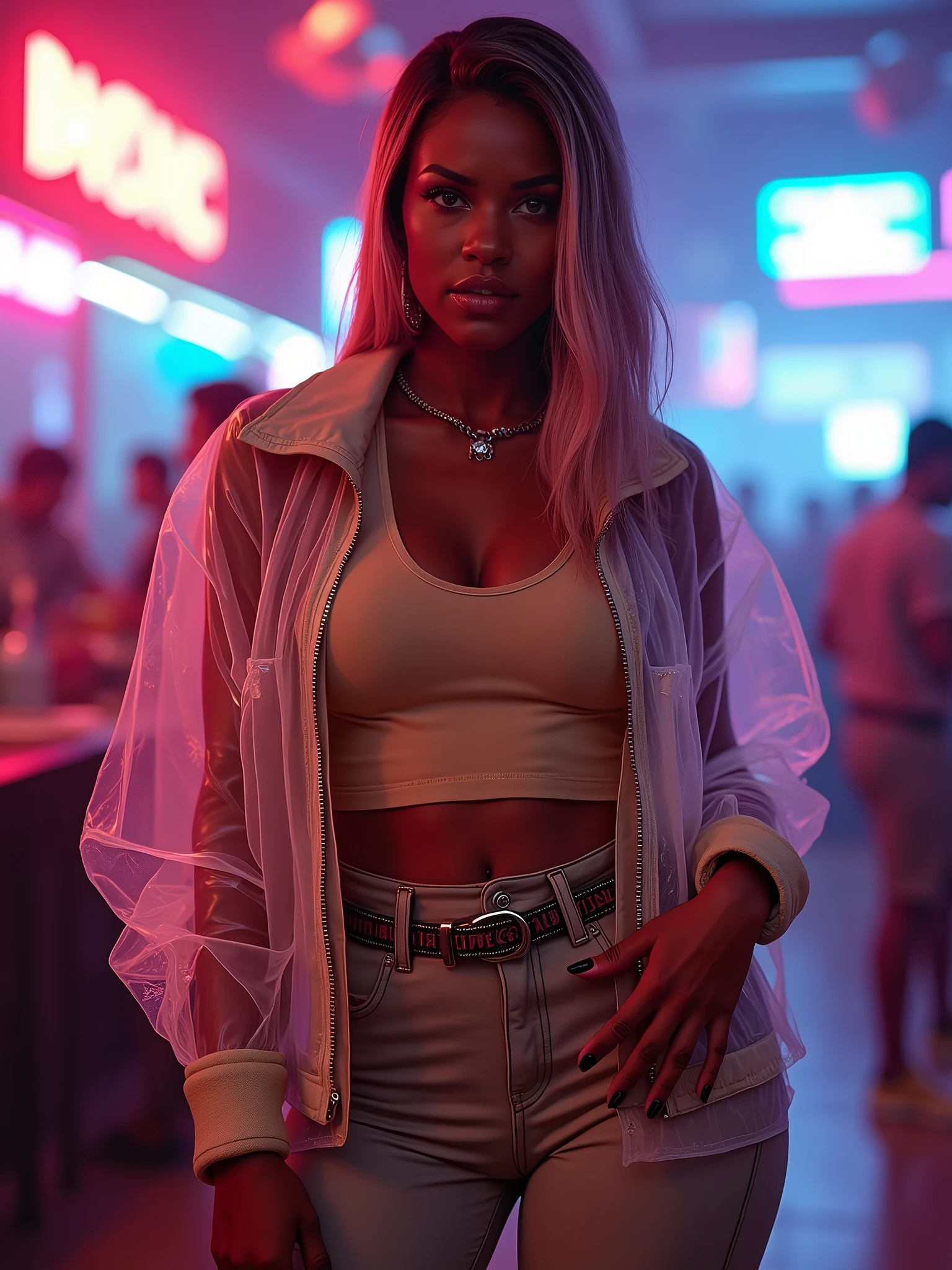 full body portrait photo of a stylish beautiful girl without clothes in a future convenience store, asymmetric hair cut, cyberpunk aestethic, heavenly beauty, 8k, 50mm, f/1. 4, high detail, sharp focus, cowboy shot, perfect anatomy, sunshine on her face, sunset, window side