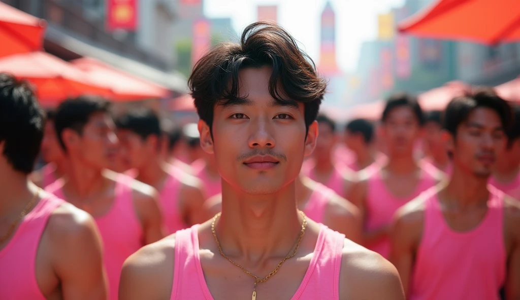 Boy in the crowded lunar new year festival, amazing lunar new year festival scenery, Crowded festival, dance in the background, barongsai Full body photo, very wet body, Very thin red thong, Proudly showing off his sweaty very hairy armpits, completely naked just wearing red thong, wearing necklace in his nek, 17 years old boy, very young boy, Cinematic soft lighting illuminates a stunningly detailed and ultra-realistic handsome korean male supermodel, ultra messy curly hair, clear honey eyes, captivating perfect smile, sensual, hot man, insanely handsome, showing off his sweaty body, very sixpack muscular body build, slender, toned, full body, photography, masterpiece, detailed face, detailed eyes, sexy, beautiful abdomen and beautiful legs and a detailed big hard bulge, slim, detailed eyes and lips, sixpack and fit body. Image quality is of the highest standard, with ultra-detailed features and a realistic appearance. The colors are bright and vibrant, enhancing the overall aesthetic. The lighting is soft and natural, casting a soft glow on the boy, don't merge body's. --v 6 --s 1000 --c 20 --q 5 --chaos 100