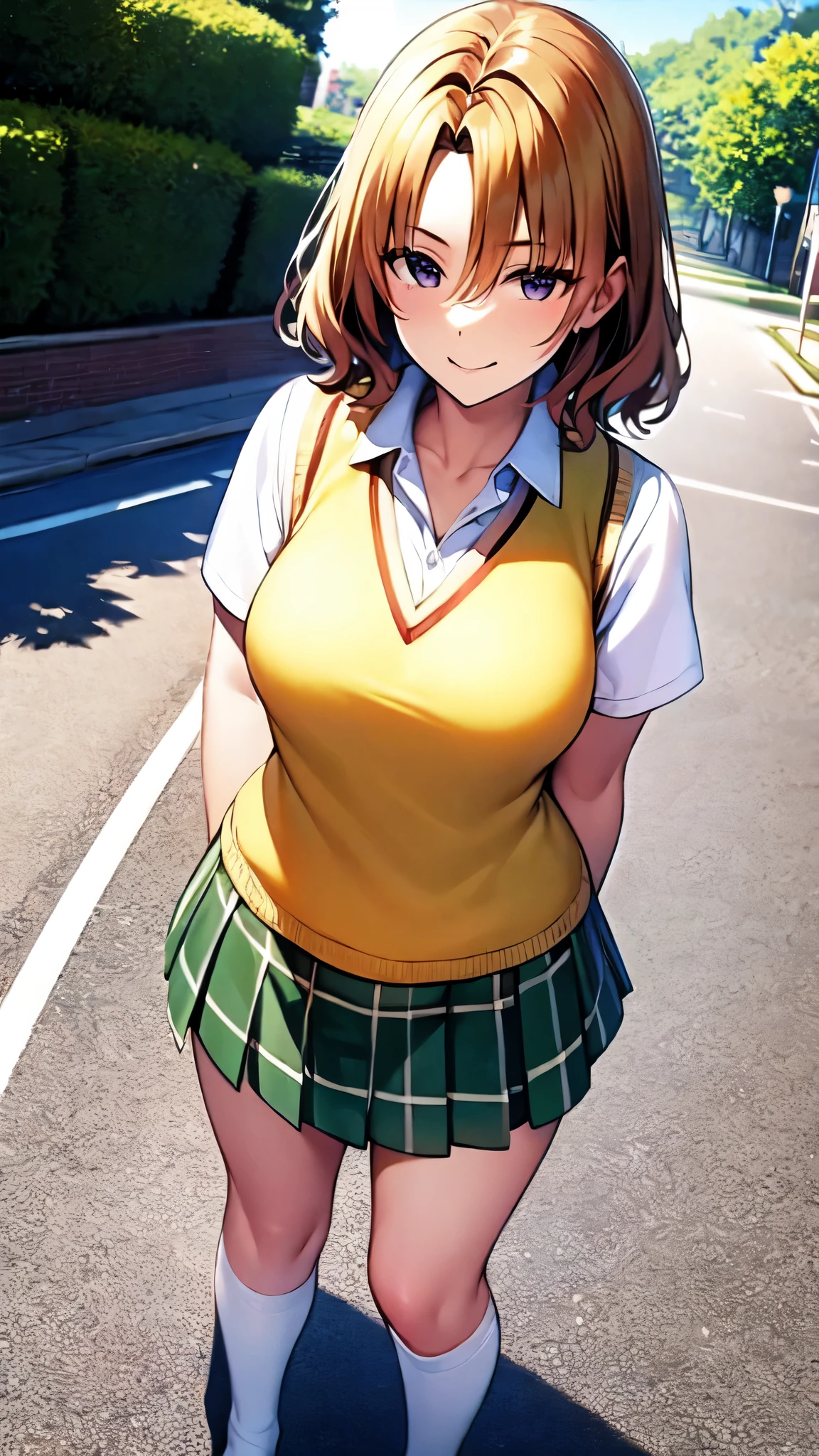 ((super high quality,))((Ultra-high resolution,))(16K,)(super masterpiece,)((Ultra HD ,))(Detailed shading,)((Full Color,))A sexy high school girl,Short wavy orange hair,Open-collar white dress shirt,(Yellow sweater vest:1.6,)Short sleeve,Green plaid mini skirt,White loose socks,happy,Morning Park,slouch,The wind lifts her hair and skirt,