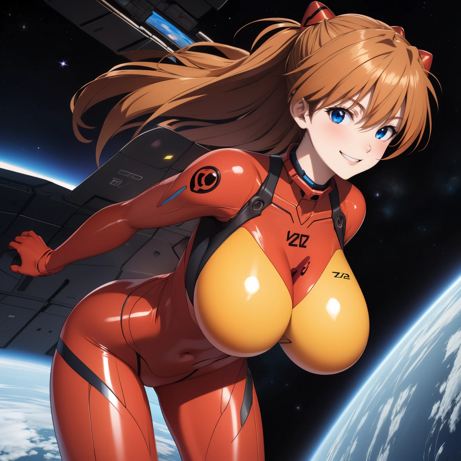 Asuka Langley Soryu female ,bright orange hair, blue eyes, happy smile, blush, big breasts, red eva pilot latex suit. background a futuristic space station. Whole body. gospel. big breasts 