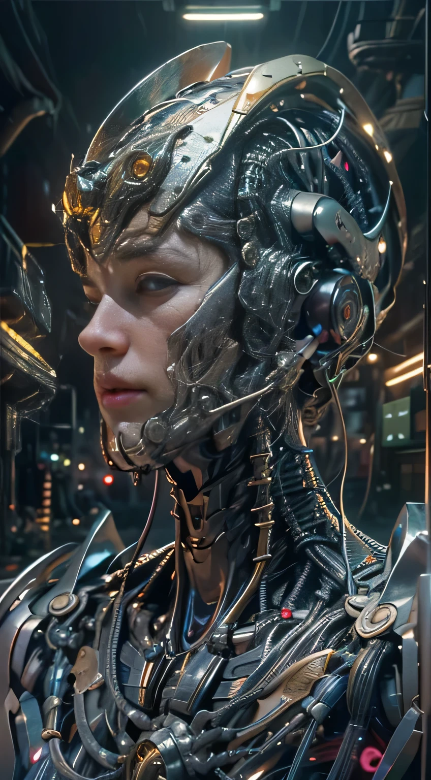 of the highest quality, masutepiece, Ultra-high resolution, ((PhotoRealistic: 1.4), RAW photo, 1 CybeRpunk male, Glossy glossy skin, 1 mechanical male (SupeR Realistic details)), Mechanical limbs, Tubes attached to mechanical paRts, Mechanical veRtebRae attached to the spine, mechanical ceRvical attachment to the neck, wiRes and cables connecting to head, evangelion, male cybernetics, Luminous small light, globalillumination, Deep shadows, Octane RendeRing, 8k, ultRashaRp, metals, IntRicate ORnament Details, BaRoque details, highly intRicate detail, Realistic light, TRends in CG, Facing the cameRa, neon light detail, (AndRoid factoRy in backgRound), aRt by H.R. GigeR and Alphonse Mucha.