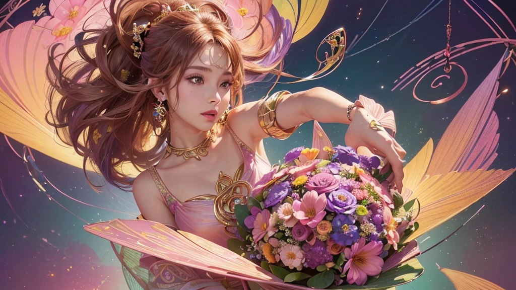 32K, 最高quality, 最高masterpiece, (ultra-Detailed Background, Detailed Background), High resolution, Super detailed, Very detailedな, 1 personの, (bouquet:1.3), (Tangled:1.2), (Geometric:1.2),(colorful),(masterpiece, quality, best quality, Official Art, Beautiful and beautiful:1.2), (1 person:1.3), Very detailed,(colorful:1.1)(Flowers:1.3),Most detailed,(Tangled:1.2), whole body, (Abstract background:1.3), (Skin glows), (Many colors:1.4), ,(Earrings Jewelry:1.5), Purple-red pale background, It's imaginative., Milk tea colored hair,