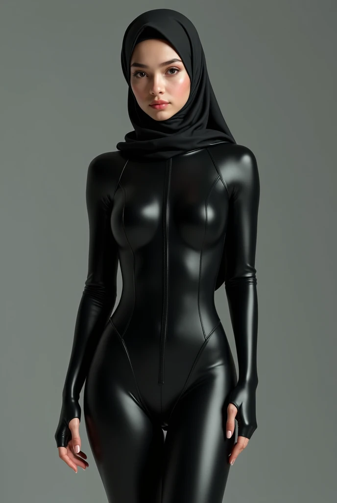 A girl wearing hijab . Innocent face. Long leg. Wearing full body black latex suit. High quality. High resolution