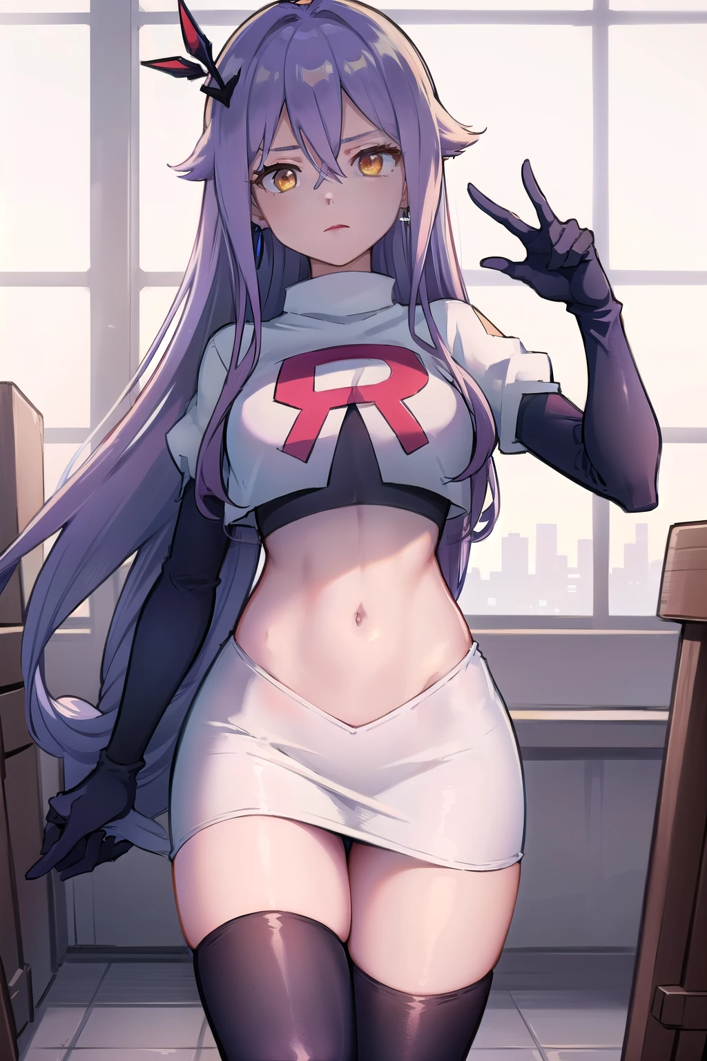 masterpiece, best quality, best 8k wallpaper,
1 girl, cowboy shot, long hair, purple hair, bangs, yellow eyes, earrings, hair between eyes, hair ornament,team rocket,team rocket uniform,white skirt,red letter R,crop top,black thigh-highs,black elbow gloves, cowboy shot
