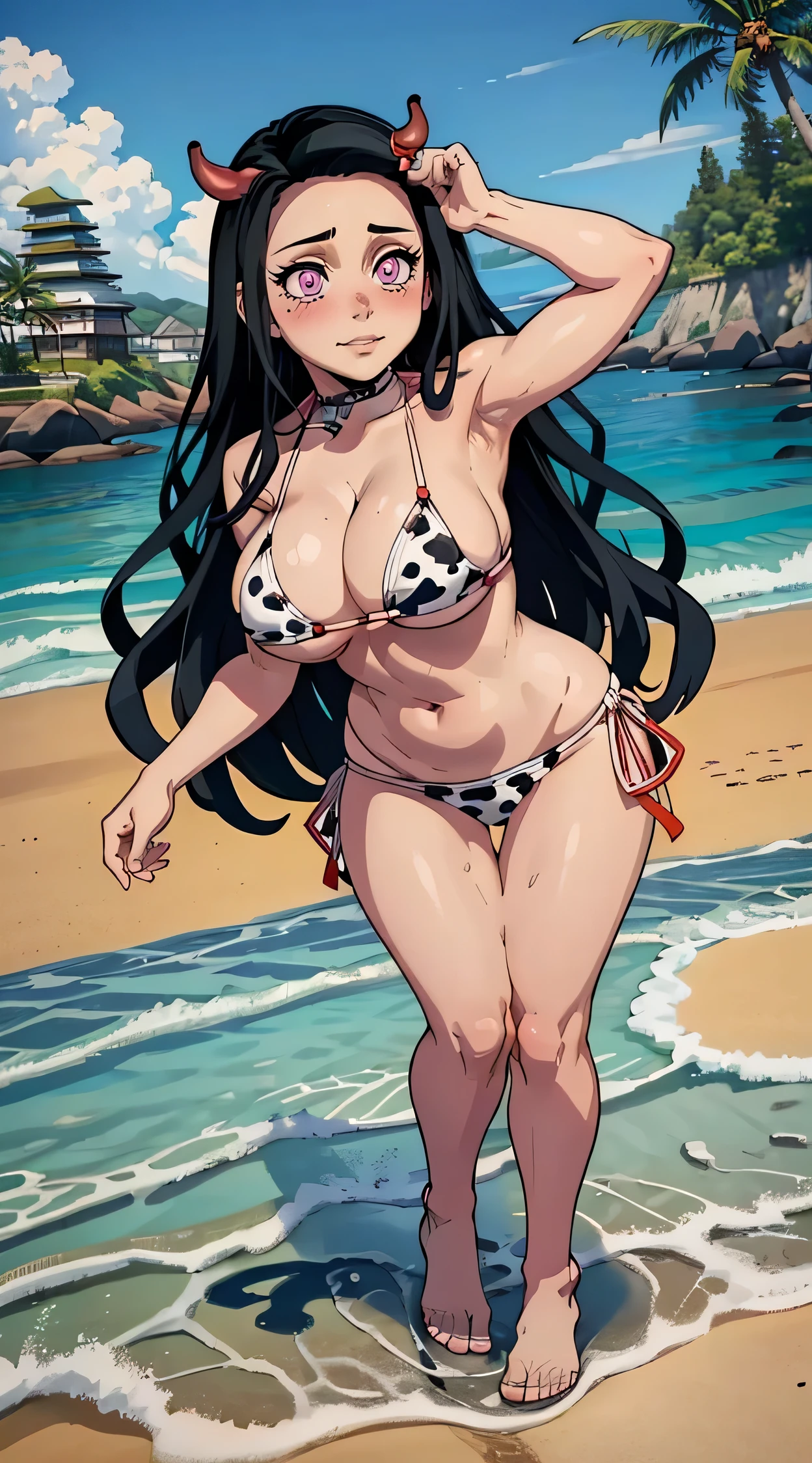 (best quality:1.3), (4k quality), Nezuko Kamado by demon slayer, ((Detailed face)), (()), (Big boobs), sexy, ((bikini cow)), ((beach)),full body standing pose. Eye level view