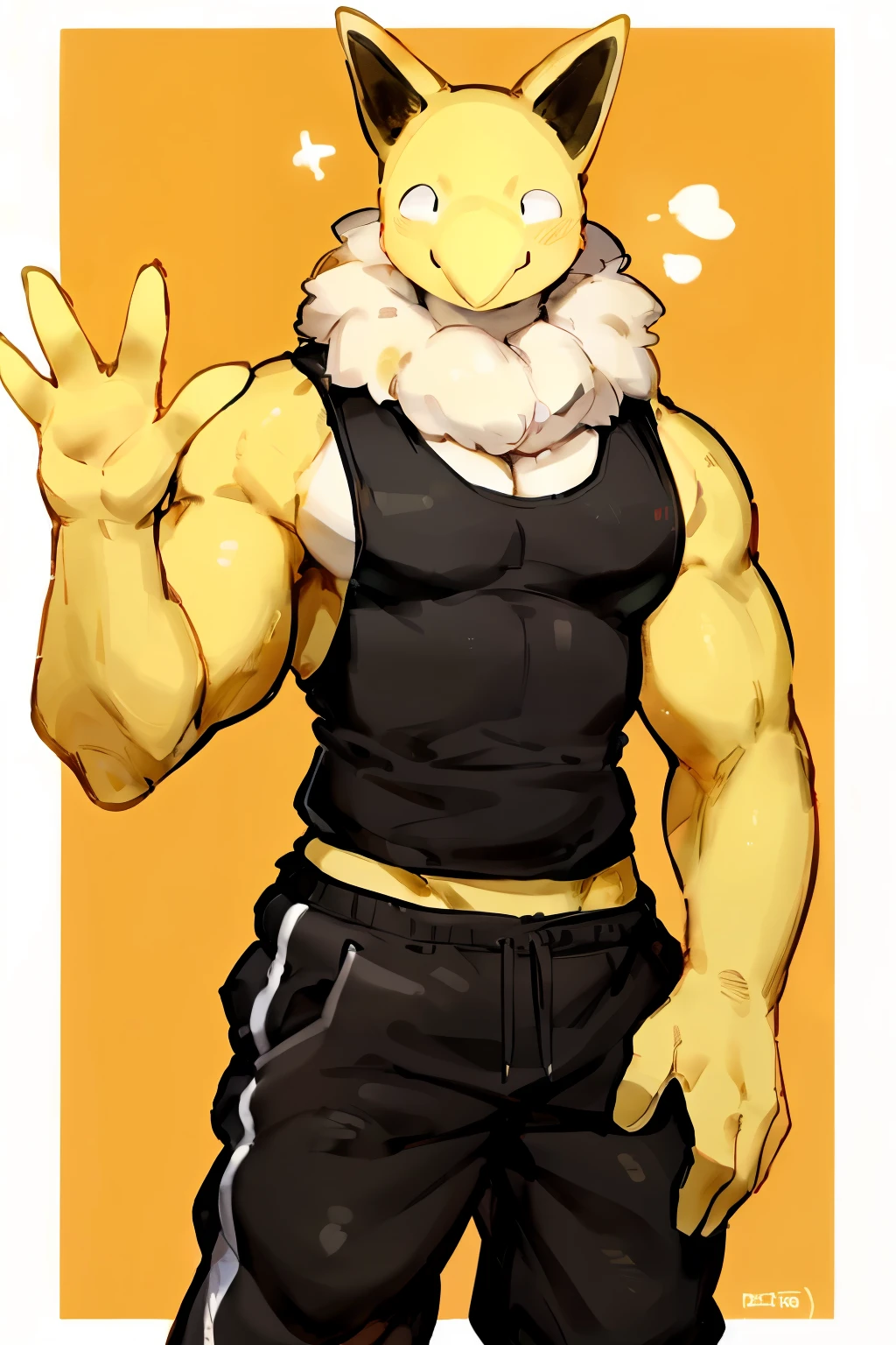 Furry, Anthro, solo, Hypno, Male, (((muscular body, massive male pectorals, yellow skin, fluffy neck, wearing white fur around neck, facing viewer))), ((((massive biceps, wide-eyed, head tilted)))), ((((((massive bulky torso, head tilted, happy, smile, wearing black full male tanktop, wearing black sweatpants, standing slanted, hand up, waving)))))), upper body, (black/yellow spraypainted background), by buta99, by zackary911, by bebebebebe, (((digital painting)))